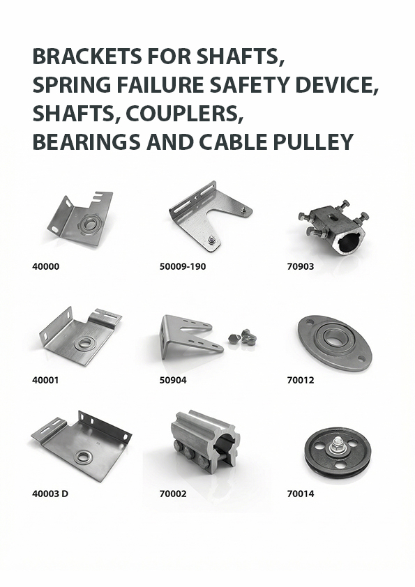 Brackets for shafts, Spring failure safety device, Shafts, Couplers, Bearings and cable pulley
