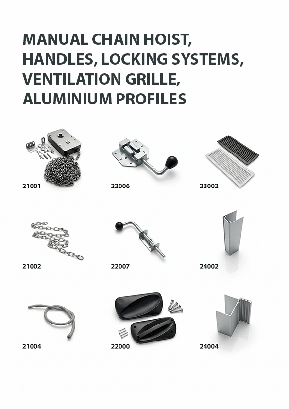 Manual chain hoist, Handles, Locking systems, Ventilation grille, Aluminium profiles
